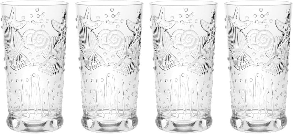 KX-WARE Sea Ocean Life 20-ounce Plastic Tumbler Drinking Glasses Mixed Drinkware Sets, set of 4 Clear