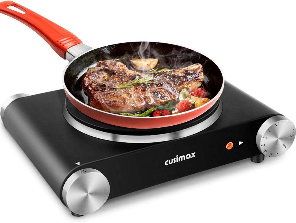 CUSIMAX Electric Burner Hot Plate for Cooking Cast Iron hot plates, Adjustable Temperature Control, Non-Slip Rubber Feet Stainless Steel Easy to Clean, Your Kitchen Assistant