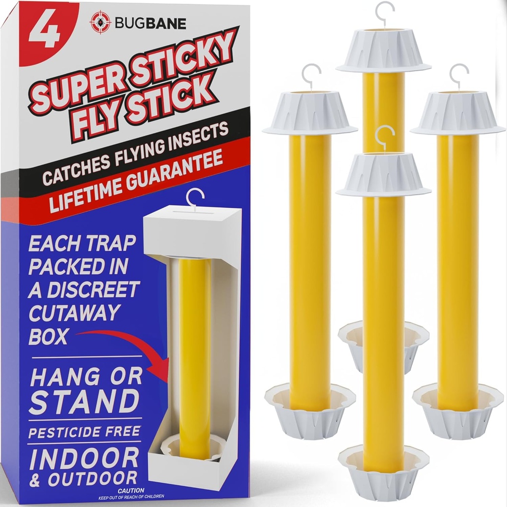 Fly Stick Sticky Fly Traps for Indoors Outdoor 4pk. Non-Toxic Super Sticky Hanging Flies Catcher Paper Tape Strips for Home. Catches All Bugs and gnats. Indoor Outdoor House Flying Insect Trap