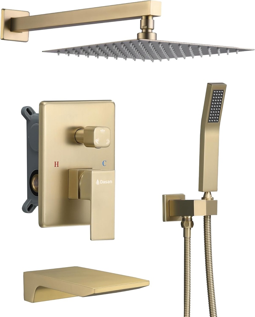 DASAN Tub Shower Faucets Sets Complete Brushed Gold Bathtub Shower System with Waterfall Tub Spout, Bathtub Faucet Set Tub and Shower Faucet Combo Trim Kit with Valve, DA-SS04BG-S10W