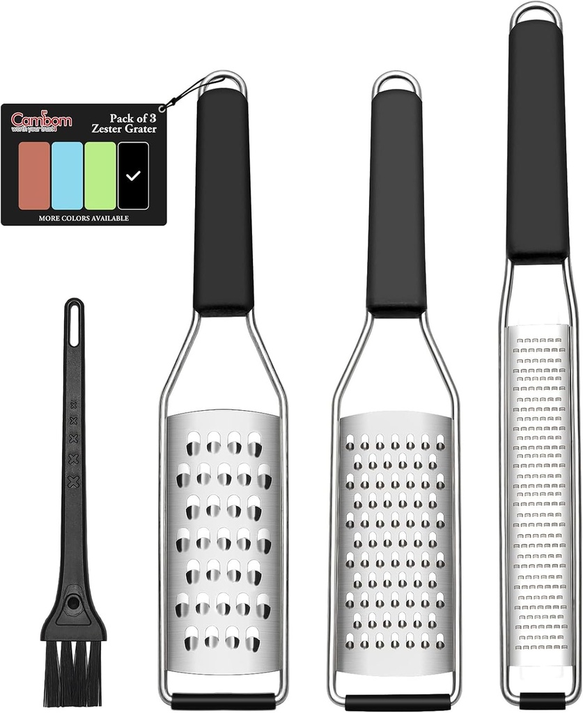 Cambom Lemon Zester Grater Three-piece Suit - Heavy Duty Kitchen Tool for Parmesan Cheese, Ginger, Garlic, Nutmeg, Chocolate, Vegetables，Fruits，Stainless Steel Grater Dishwasher Safe Black