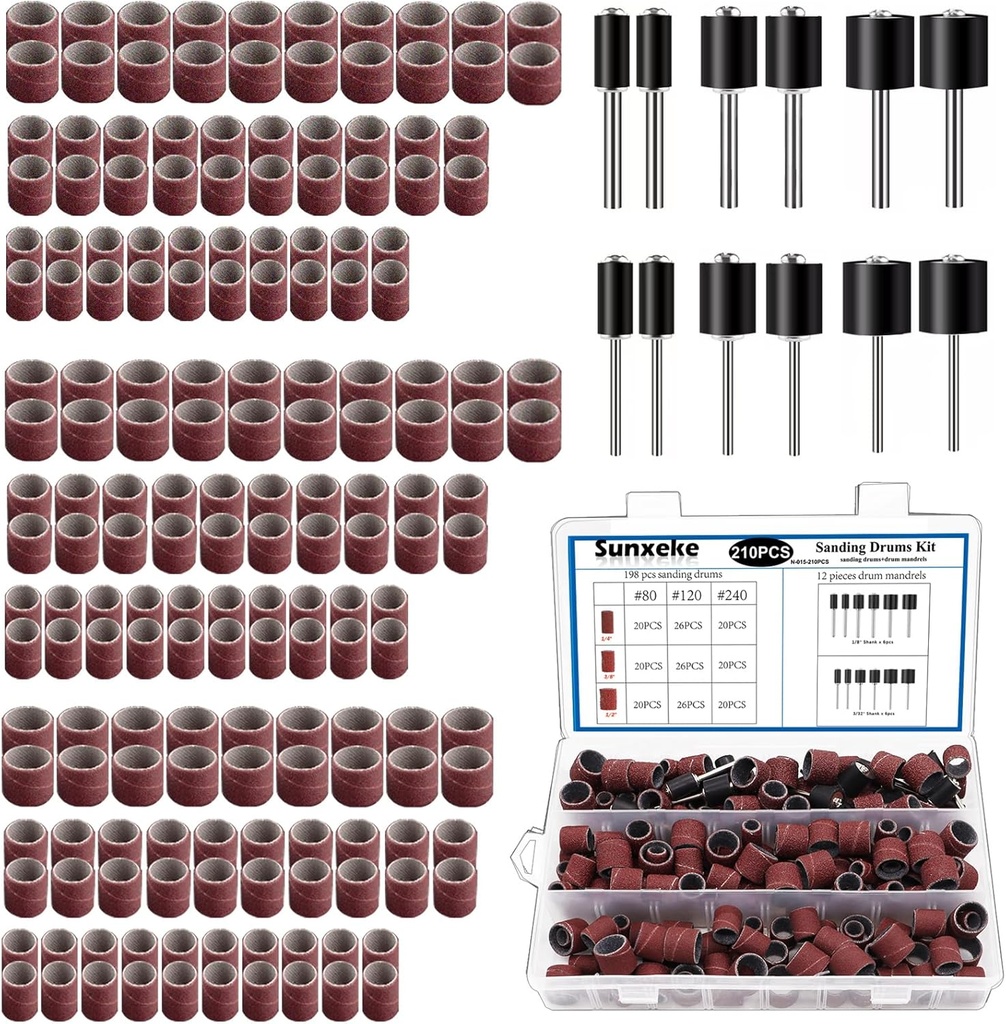 Sanding Drum Set for for Dremel Rotary Tools-Includes 138 Aluminum Oxide Sanding Sleeves for Drum Sanders (80,120,240 Grit) and 12 Drum Mandrels-Sanding Bits Tool Accessories with Box