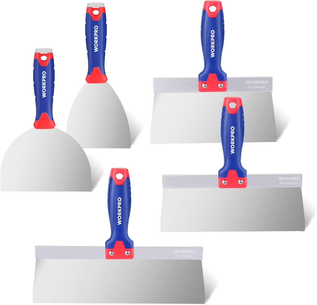 WORKPRO Drywall Knife Set, Stainless Steel Taping Knife Putty Knife with 4", 6'', 8'', 10'', 12'' Blades and Alloy Metal Hammer End, Spackle Tools for Drywall Repairing and Finishing(5 PCS)