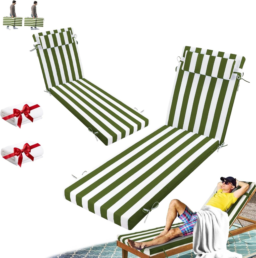 Outdoor Chaise Lounge Cushion, Waterproof Lounge Chair Cushions, 3 in High-Density Sponge Patio Furniture Chaise Replacement Cushions with Headres for Lawn Pool (Grass Green White Stripes, 2PCS)