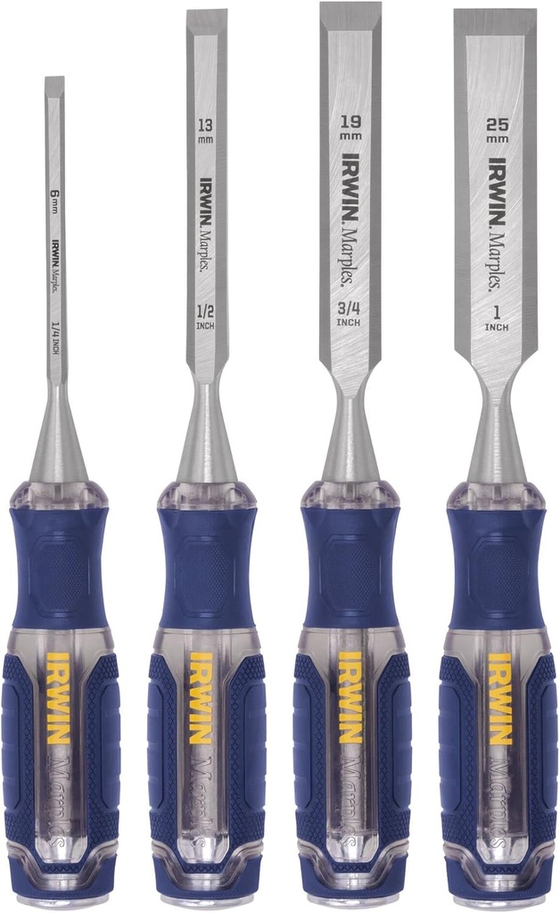 IRWIN Chisel Set, Woodworking, 4-Pack, Extra-Long Strike Cap, Strong & Durable Steel Core (IRHT82507)