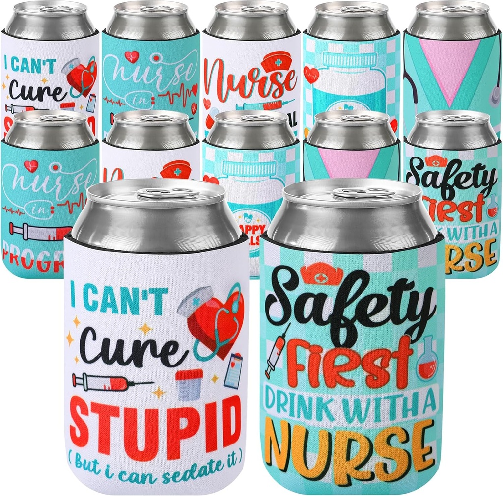 Nurses Week Gifts Bulk 2025-12 Packs Funny Nursing Day Can Coolers Sleeves for Women Men Nurse Appreciation Week Gifts Graduation Rn Themed Party Decorations Supplies Favors