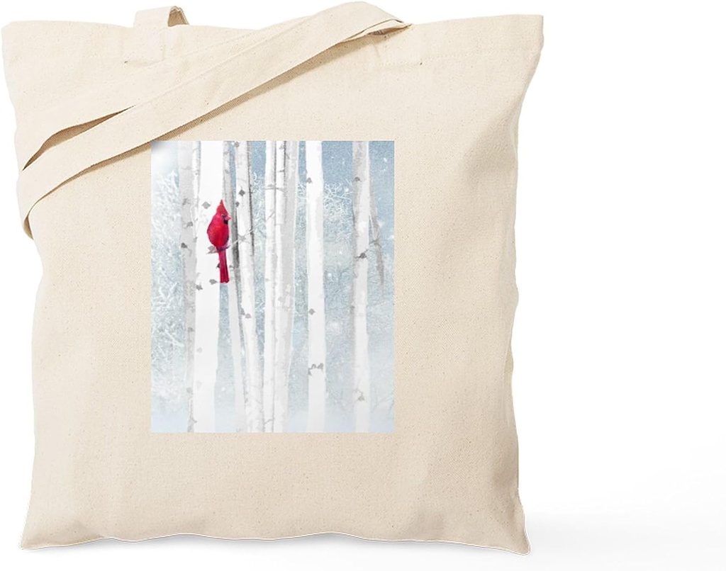 CafePress Red Cardinal Bird Snow Birch Trees Tote Bag Reusable Natural Beige Canvas Shopping Bag