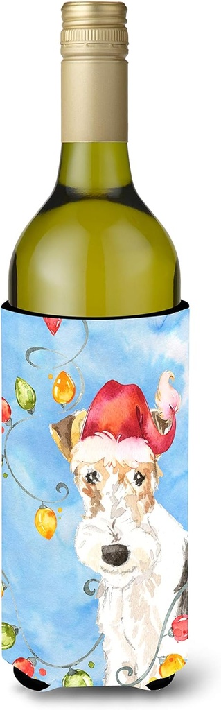 Caroline's Treasures CK2501LITERK Christmas Lights Fox Terrier Wine Bottle Hugger Bottle Cooler Sleeve Hugger Machine Washable Collapsible Insulator Beverage Insulated Holder