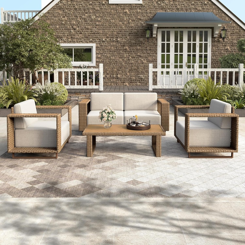 HERA'S HOUSE 5 Pieces Sectional Outdoor Patio Furniture Set, Modular Patio Conversation Set with 2 All Weather Rattan Wicker Sofas with 5.3" Widened Armrest, 2 Comfy Armchairs, and 1 Coffee Table