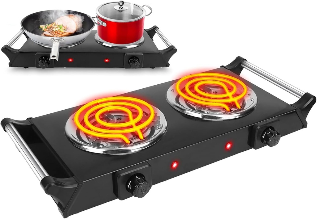 Hot Plate, 2000W Portable Electric Stove for Cooking with Stay Cool Handles & 5 Levels Adjustable Temperature, Countertop Double Coil Burner for Home RV Camp Compatible for All Cookwares,Black