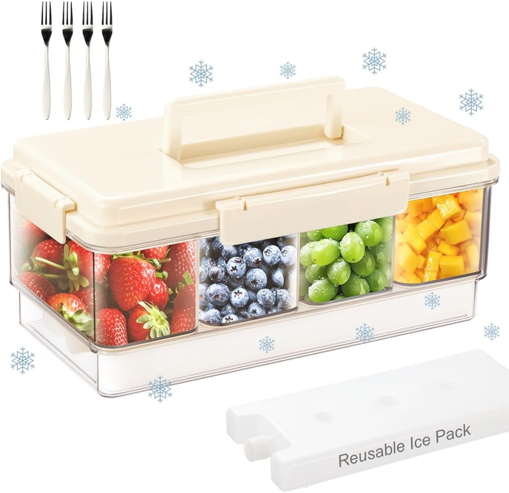 Portable Snackle Box Container with Ice Pack, 4 Large Compartments Chilled Travel Charcuterie Tray with Lid & Forks, Cooling Divided Serving Tray, for Outdoor Parties, Picinics
