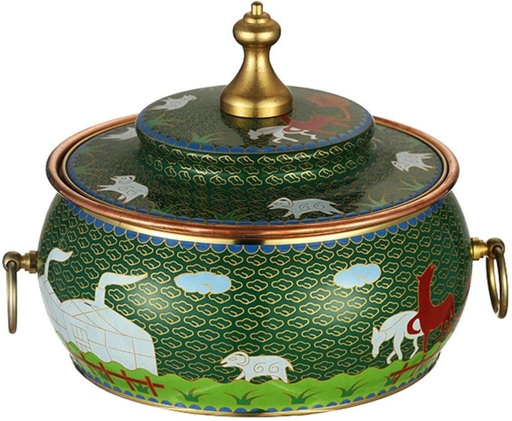 Beijing Chinese Copper Shabu Shabu Hot Pot, Cloisonné Design, Single Person, Suitable for Induction, Gas Electric Stoves(White)