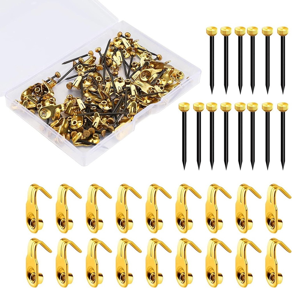 Luter 100pcs Picture Hanging Kit 10lbs Stainless Steel Picture Hanging Hooks with Brass Head Hanging Pins for Hanging Picture Photo Frame Mirror Clock House Decoration (Gold)