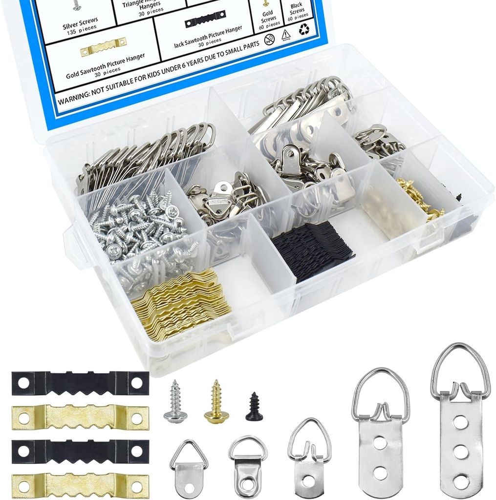 415Pcs Picture Hanging Kit D Ring Hangers and Sawtooth Shape with Screws Hook Assortment for Hanging Heavy Duty Canvas Paintings Picture Frame Clock Artwork-7 Models