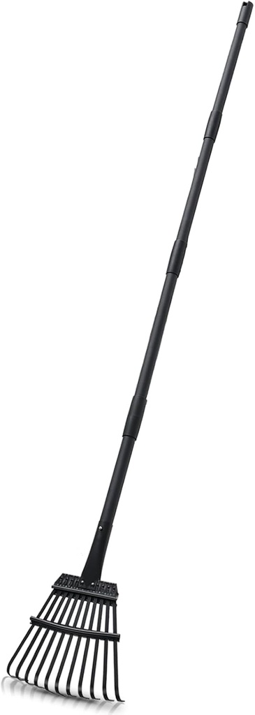 Rake for Leaves Small Metal Garden Tool with 11 Tines 63 Inch Adjustable Handle Sturdy Yard Rake for Gardening Gathering Leaves Weeds Debris, Black