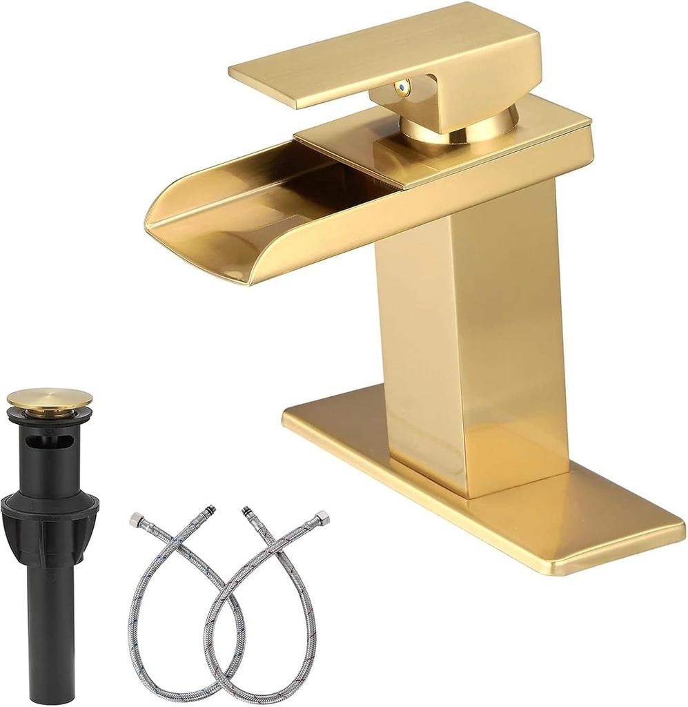 Brushed Gold Bathroom Faucet, Gold Sink Faucet Bathroom, Single Handle Bath Vanity with Pop Up Drain Parts Mixer Tap Commercial Basin Open Water Spout