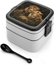 Two Lions Bento Box with Spoon, 2-layer Stackable Lunch Box Leak Proof with Invisible Handle, Insulated Food Storage for Office, Picnic & Travel