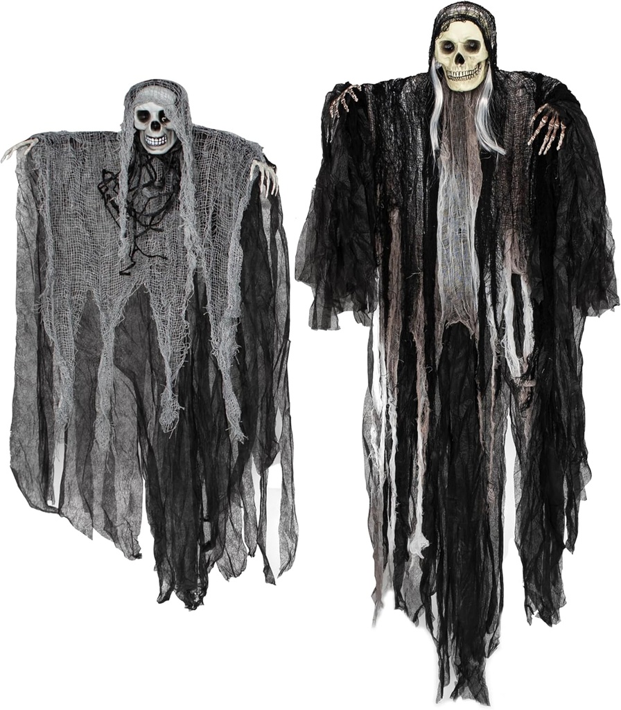 JOYIN 2 Pcs Halloween Hanging Grim Reaper Decorations Outdoor, Halloween Hanging Skeleton Ghosts Scary Decor for Yard Patio Outside Lawn Garden, Haunted House Prop, Party Supplies