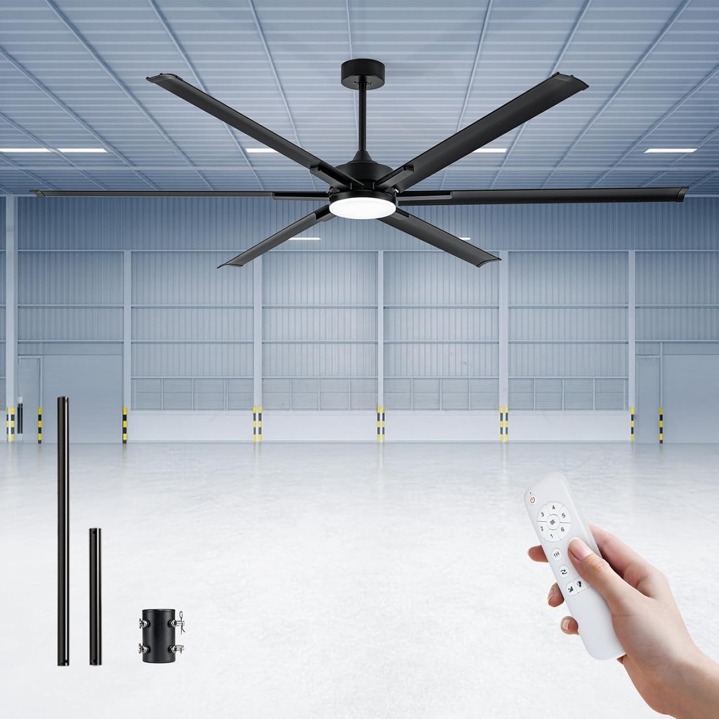 84In Large Ceiling Fan with Black Aluminum Blades,Industrial Ceiling Fan with Dimmable Light,12"/24" Downrod,Extension Coupler,6 Speed,Noiseless DC Motor Indoor Outdoor Covered Patio,Commercial