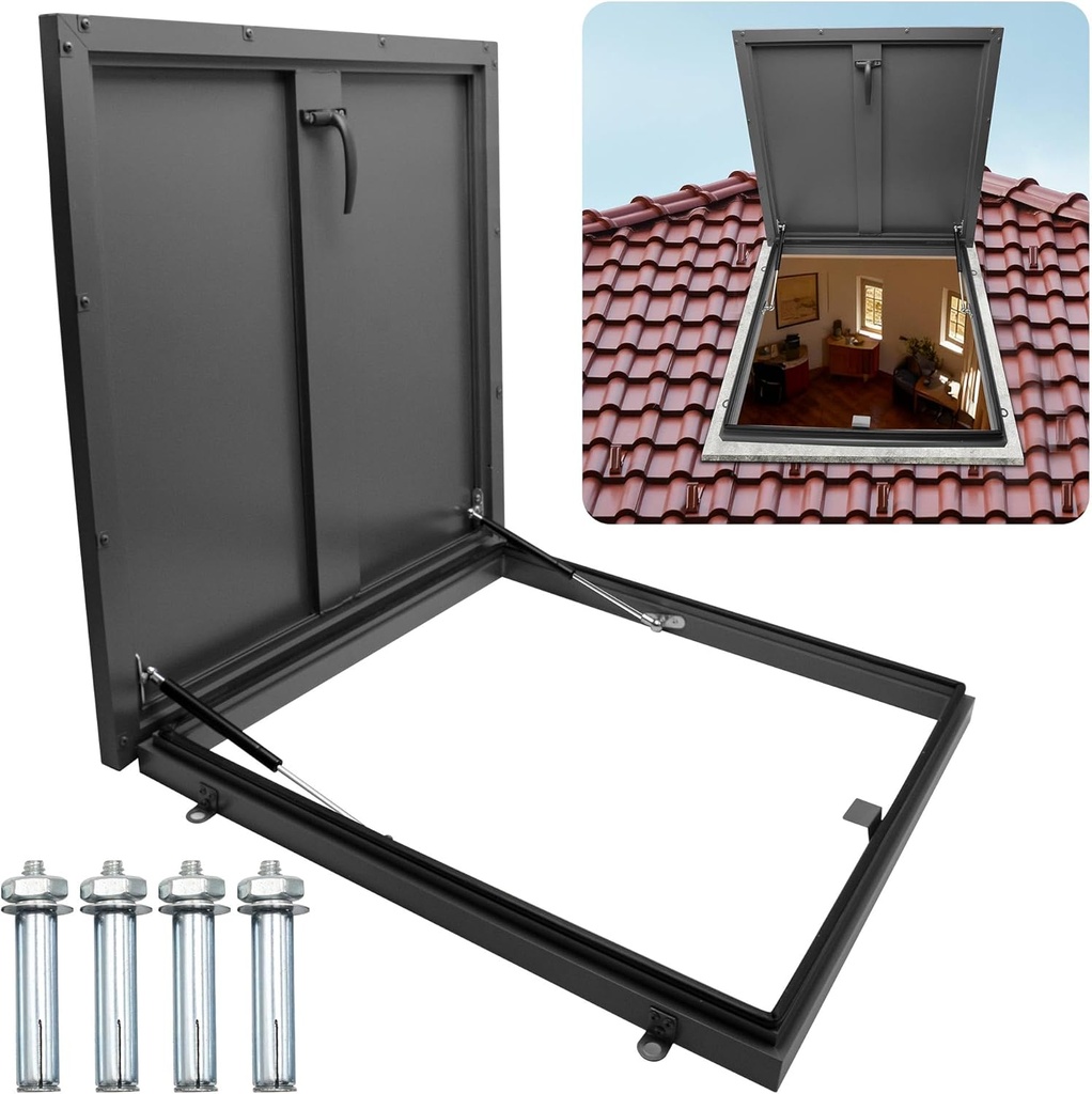 Thickened Roof Steel Security Door, Roof Access Hatch, Attic Access Door, with Hydraulic Support Rod and Switch Type Handle, Galvanized Powder Coated, 23.6" L X 23.6" W