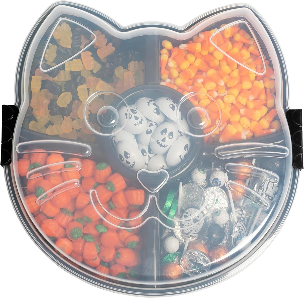 Black Cat Reusable Serving Tray - Unique 5 Compartment Cat Snack Tray - Great for Entertaining Food Storage for Appetizers, Snacks, Chips & Dip, Fruits & Veggies - Fall Halloween Tray