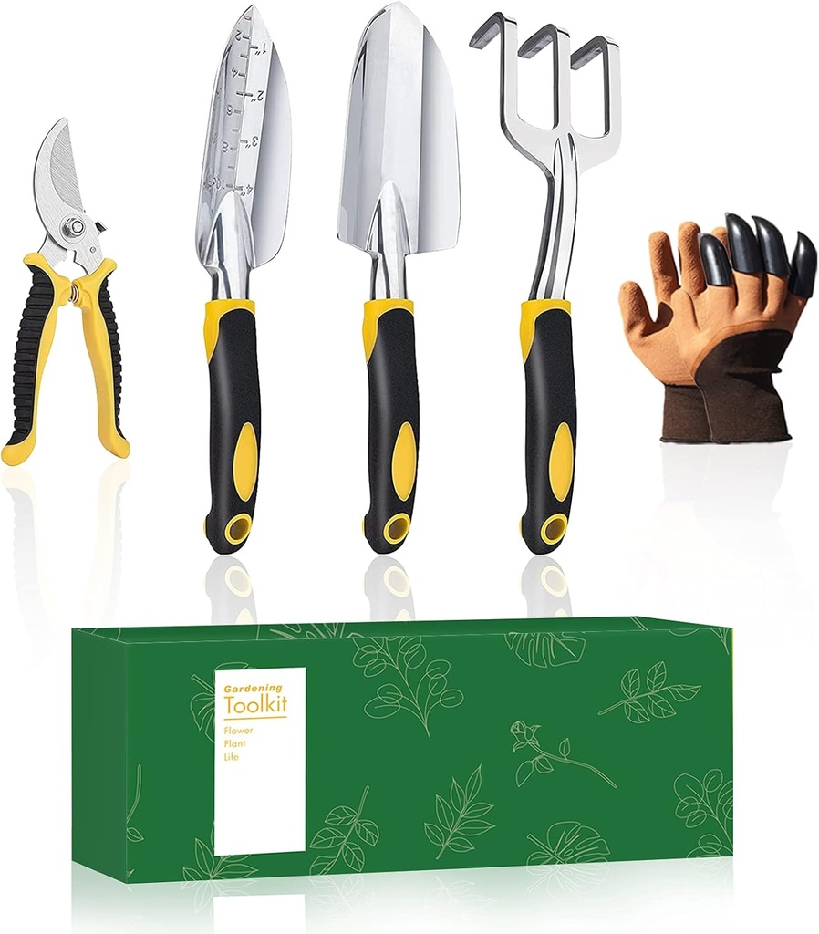 Heavy Duty Gardening Tool Set with Non-Slip Rubber Grip, 5 Pcs Growing Tools Hand Trowel, Hand Rake, Hand Shovel with Scale, Pruning Shear and Gloves Gardening Hand Tool for Women Men