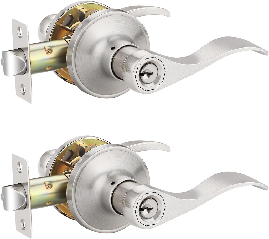 2 Pack Silver Door Knobs, Interior Door Handle, Door Locks for Bedroom/Living Rooms, Keyed Alike Entry Door Handle, Satin Nickel Finish, Universal-Handed Door Lever, Unique Wave Design