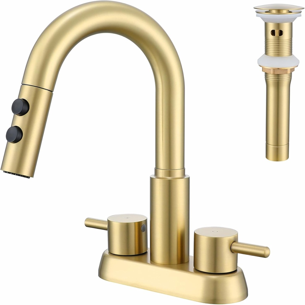 Bathroom Sink Faucet with Pull Down Sprayer 3 Holes, Brushed Gold 4 inch 2 Handles Centerset Laundry Bar Basin Pull Out Faucet with Pop-Up Drain, KBL-MP-6002BG-CL