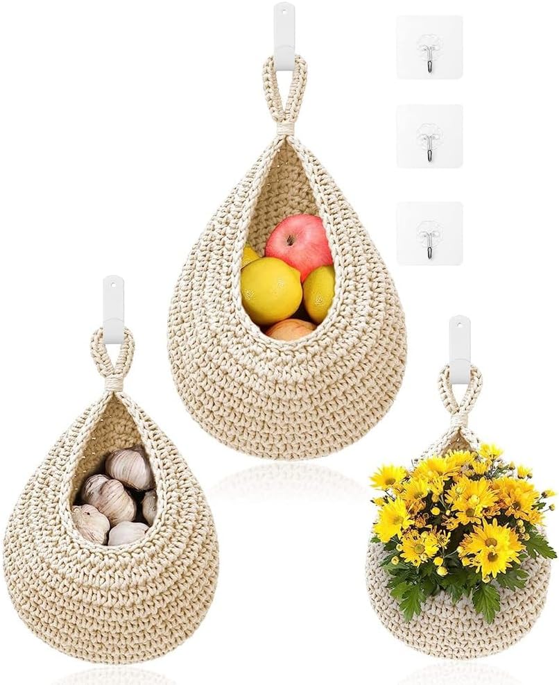 Wall Basket Hanging Basket for Kitchen - 3Pack Boho Wall Hanging Basket with 6Pcs Hooks for Fruits Vegetable Potato Storage