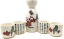 TJ Global 5-Piece Sake Set, Durable Ceramic Japanese Sake Set with 1 Carafe/Decanter/Tokkuri Bottle and 4 Ochoko cups for Sake at Home or Restaurant - Cherry Blossom with Bird and Calligraphy