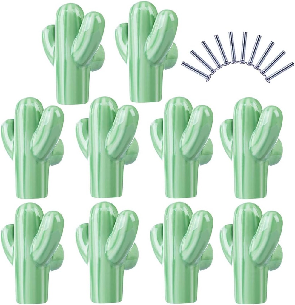 10Pcs Cabinet Knobs, Ceramic Cute Cartoon Cactus Dresser Handles, Single Hole Drawer Pulls with Screws for Kitchen Cabinets Cupboards Closet Wardrobe - Light Green