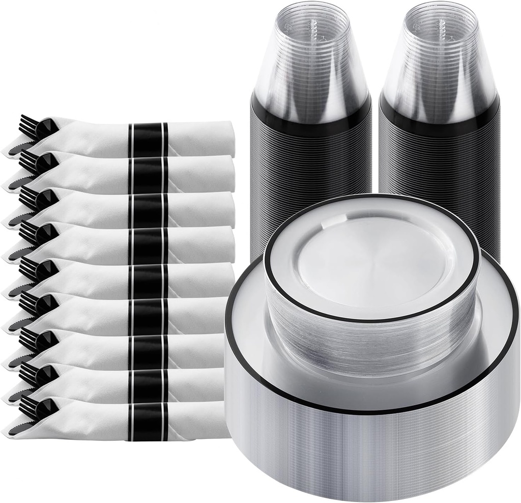 Goodluck 175 Piece Black Plastic Dinnerware Set for Party, Clear Disposable Plates for 25 Guests, Include: 25 Dinner Plastic Plates, 25 Dessert Plates, 25 Pre Rolled Napkins with Cutlery Set, 25 Cups