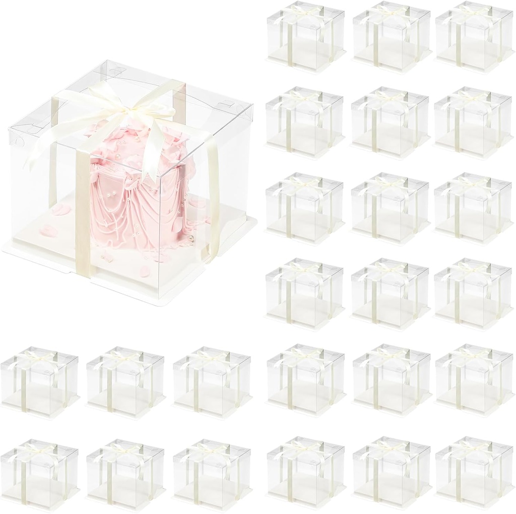 24 Pcs Clear Gift Box with Ribbon 2-Layer 6.7x6.7x7.8 Inch, Transparent Cake Carrier Box with Lids, PET Tall Cake Packaging Boxes, Clear Gift Boxes for Birthday,Wedding and Festival Party