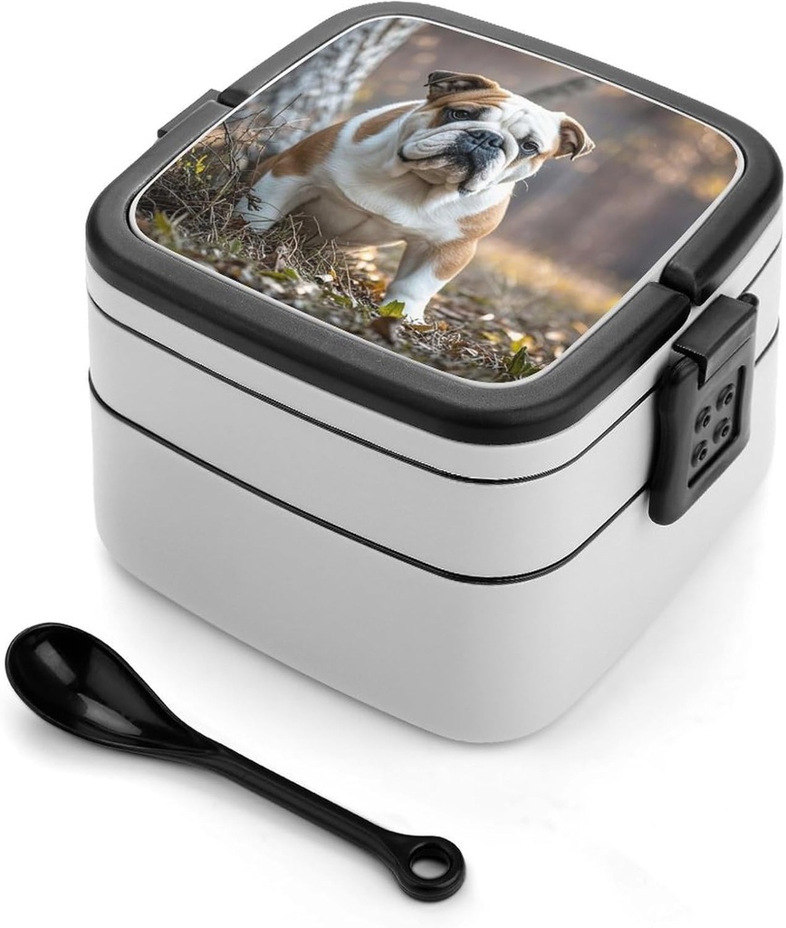 Adult Double-Layer Bento Box English Bulldogs Portable Lunch Box with Spoon And Invisible Handle Leakproof Microwave-Safe Food Container for Work Travel Camping