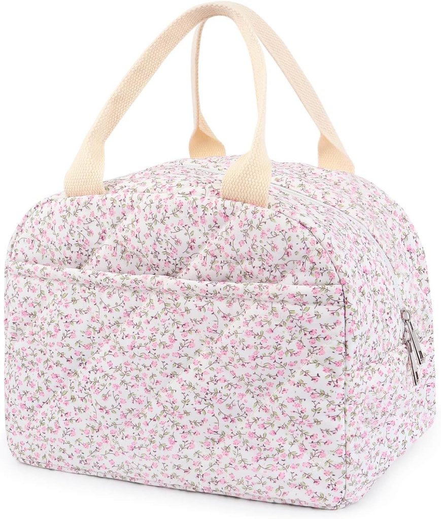 Cotton Quilted Insulated Lunch Bag, Cute Quilted Floral Tote Bags Reusable Lunch Box Coquette Aesthetic Large Capacity Insulated Cooler for Women Work Travel Picnic (Pink)