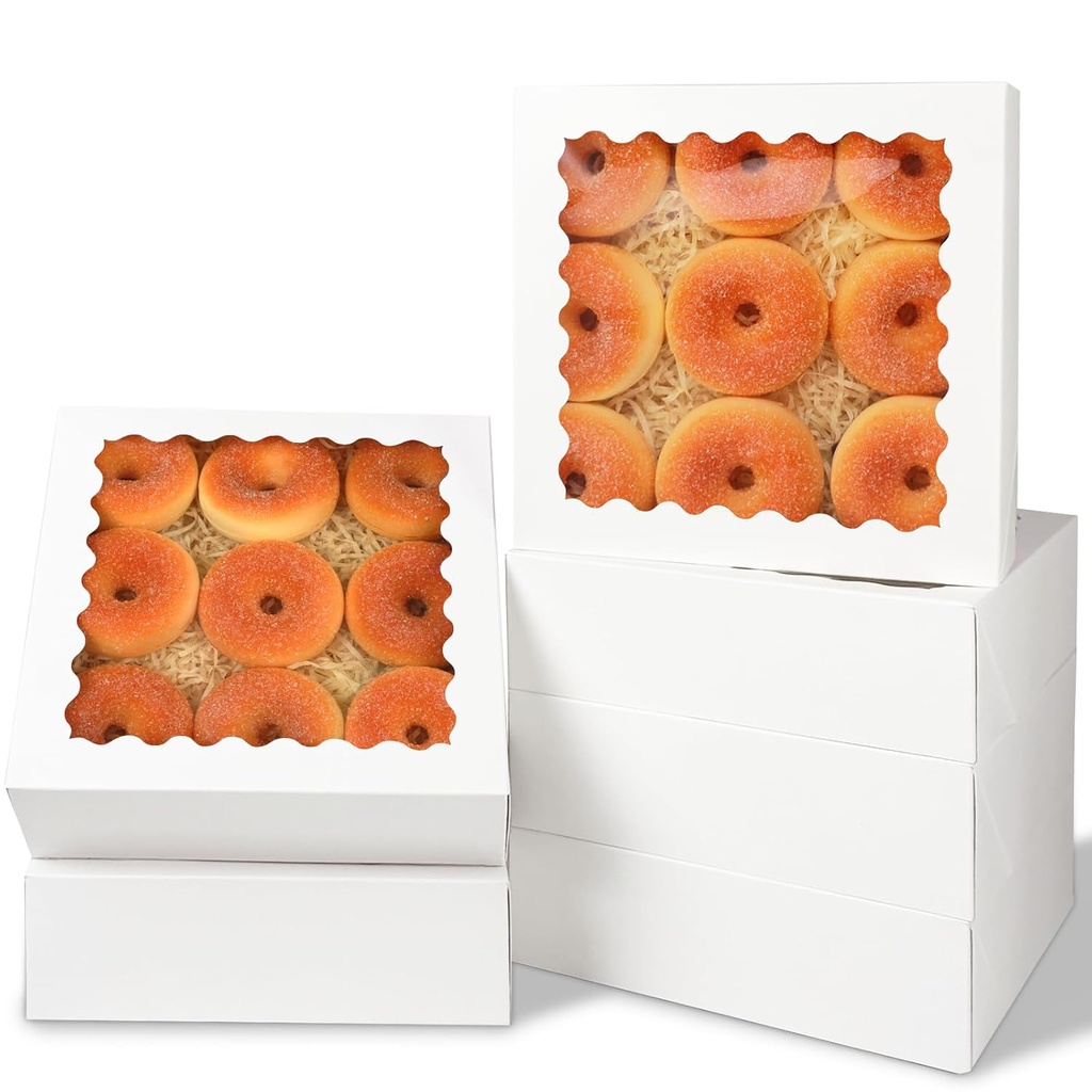 qiqee 9x9x2.5 Inch White Pie Boxes with Window 12Packs Cookie Donut Bakery Box (Auto-pop Up)