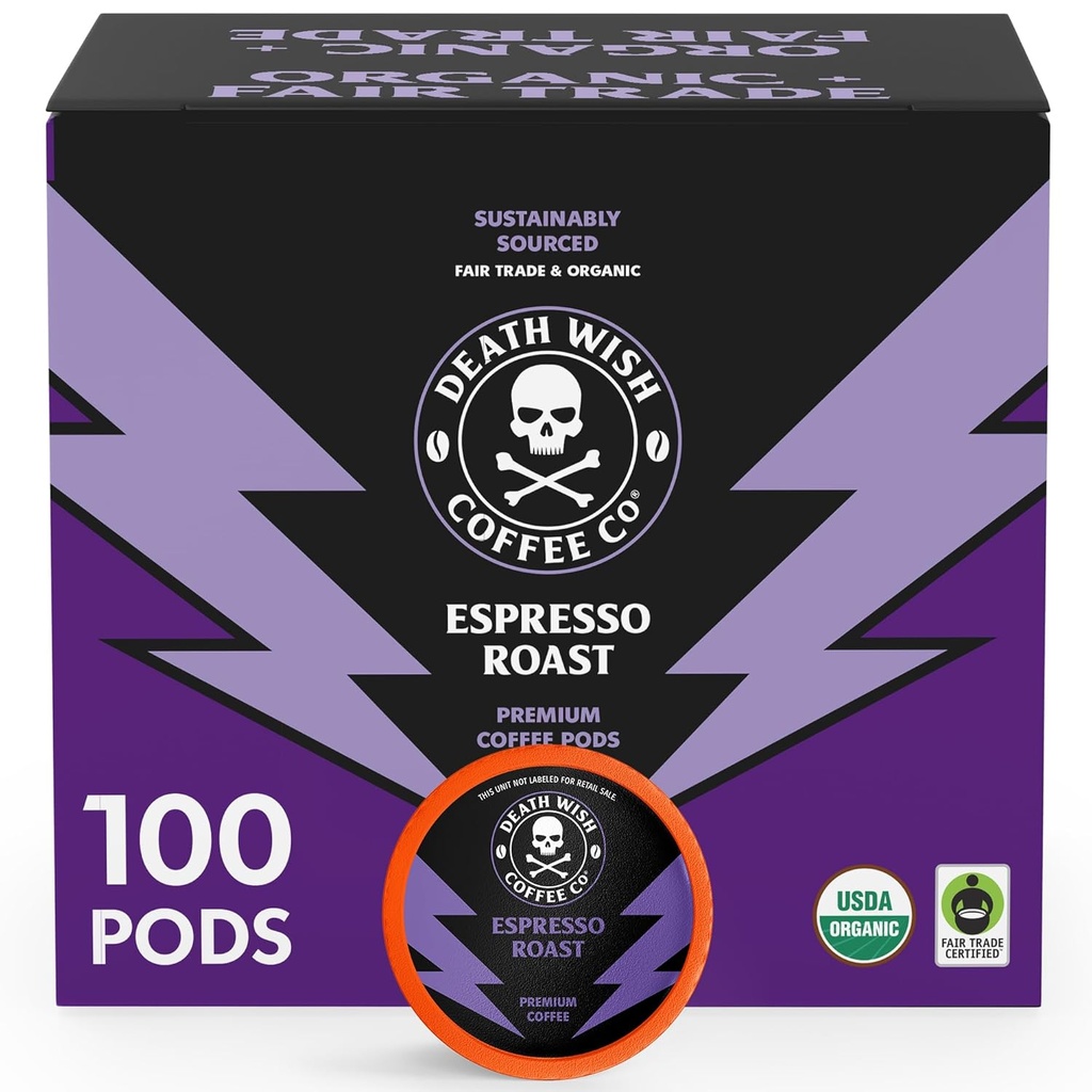 Death Wish Coffee - Single Serve Pods - Dark Roast Coffee Pods - Made with USDA Certified Organic - Extra Kick of Caffeine (100 Count (Pack of 1), Espresso Roast)