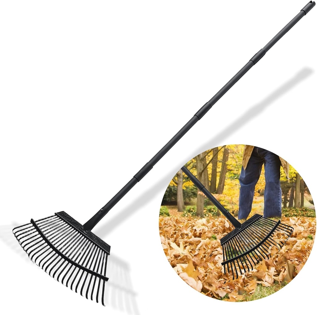 Rake for Leaves Heavy Duty Metal Garden Tools with 64.1 Inch Adjustable Steel Handle 25 Tines Leaf Rakes for Lawns Flower Bed Shrub Camping, Black
