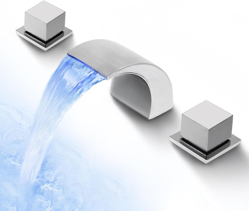 SKOWLL Polished Chrome Deck Mount Bathroom Faucet, 2 Handle Modern LED Waterfall Vanity Sink Faucet, 8 Inch Widespread Lavatroy Sink Faucets