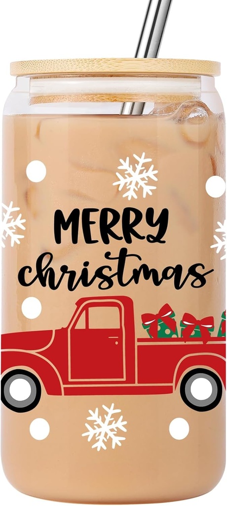 Christmas Glass Cup with Lid & Straw, 16oz Iced Coffee Cup, Preppy Xmas Gifts, Cute Christmas Gifts for Women, Men, Teens, Holiday Decorations