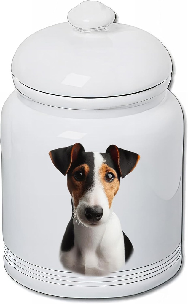 Best of Breed Fox Terrier Tri Dog and Cat Ceramic Treat Jar 9" Tall Air Tight Seal All White