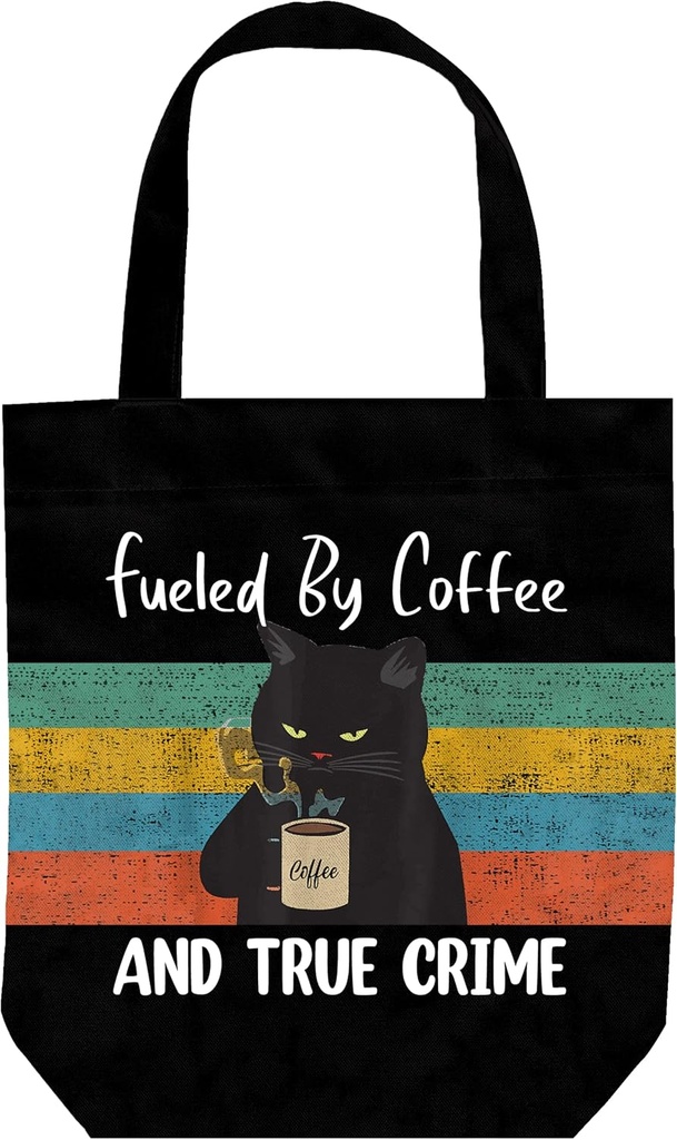 Funny Black Cat Tote Bag - Cat Gifts for Women Cute Canvas Tote Bag - Reusable Birthday Bags - Book Tote (Black Coffee Cat)