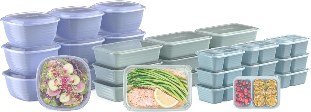 Bentgo Prep 60-Piece Variety Meal Prep Kit - Reusable PFAS & BPA-Free Food Containers 1-Compartment Trays, Prep Bowls, & Snack Boxes - Microwave, Freezer, & Dishwasher Safe (Floral Pastels)