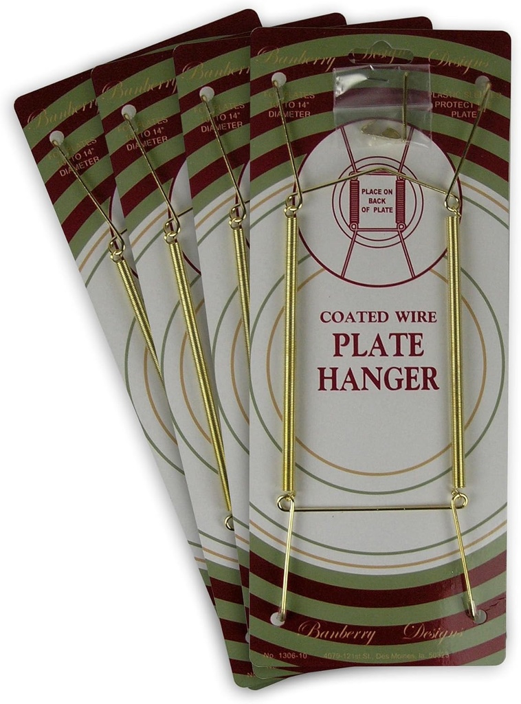 Brass Vinyl Coated Plate Hangers - 10 to 14 Inch - Set of 4 Pcs - Clear Vinyl Sleeves - Hook and Nail Included - Pack of 4 - Plate Hangers for The Wall