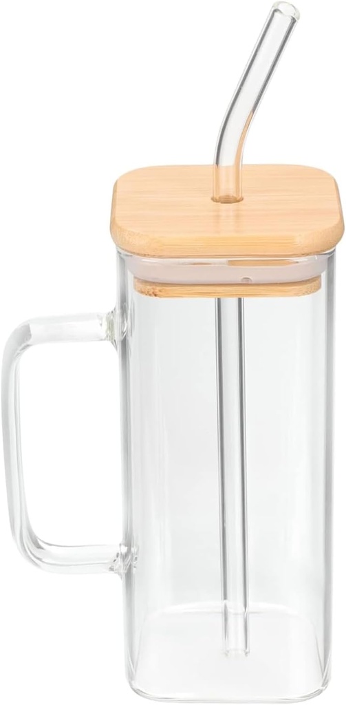 Glass Drinking Cup 400ML Square Glass Tumbler with Handle Clear Coffee Cups with Lids and Straws Portable Water Bottles Milk Jar Can hold various beverages. (Transparent)