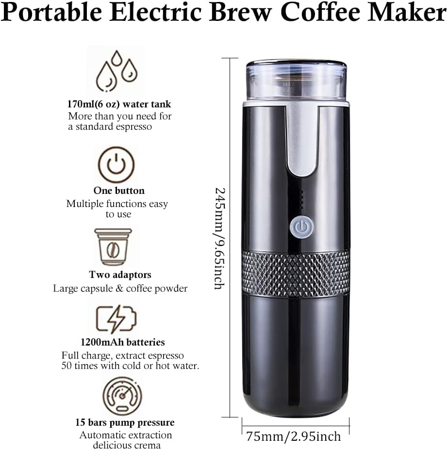 Portable Espresso Machine Type-C Rechargeable Coffee Machine Mini Electric Powder Capsule Coffee Maker 15 Bar Pressure Suitable for Capsule & Coffee Powder for Camping, Travel, Outdoor, RV
