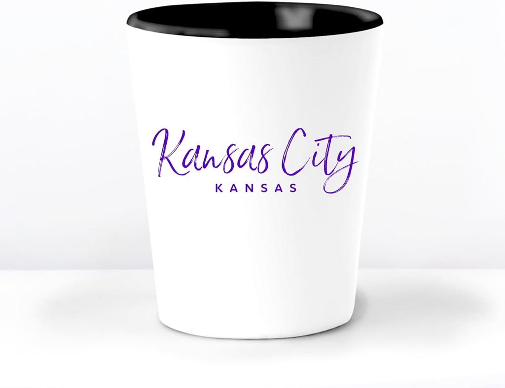 Kansas City KS Ceramic 1.5 Ounce Souvenir Shot Glass - White With Black Interior - Bachelor & Bachelorette Party Favors - Bridesmaid & Groomsmen Present - Kansas Home Town Decoration