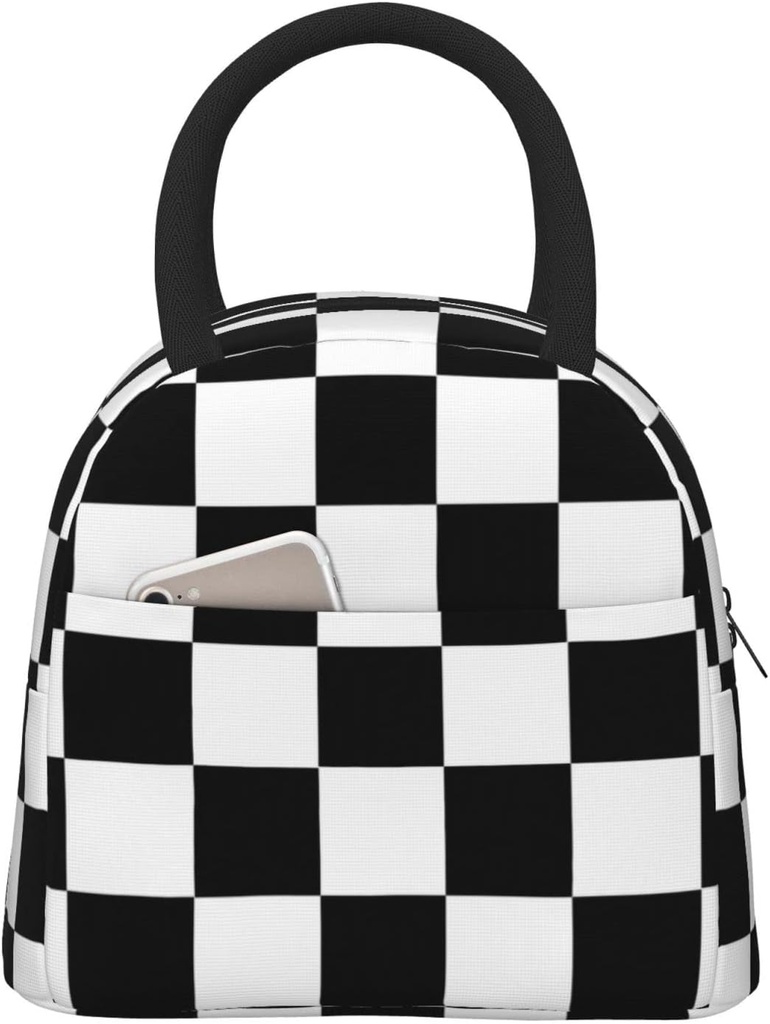 Fiokroo Lunch Bag Insulated Black White Checkered Print Lunch Box Checkerboard Reusable Lunch Tote Bag For School Work College Outdoor Travel Picnic, 10l