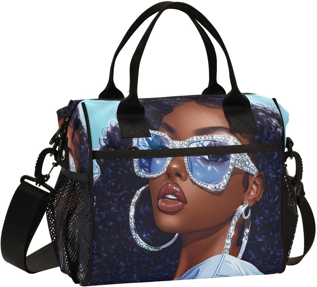 African American Woman Large Lunch Box for Men Women Adults Insulated Lunch Bag Cooler Bag with Adjustable Shoulder Strap for Work Picnic Travel