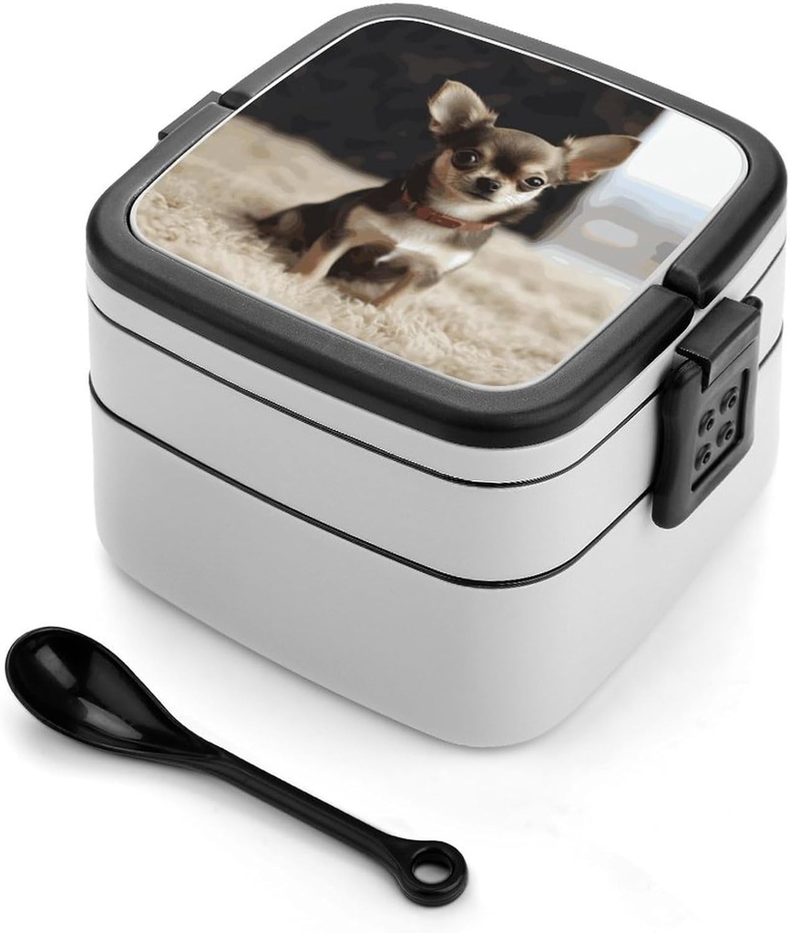 Adult Double-Layer Bento Box Portable Cute Chihuahua Lunchbox 1 L Capacity Leak-Proof Bento Box Microwave-Safe Food Container with Spoon And Hidden Handle